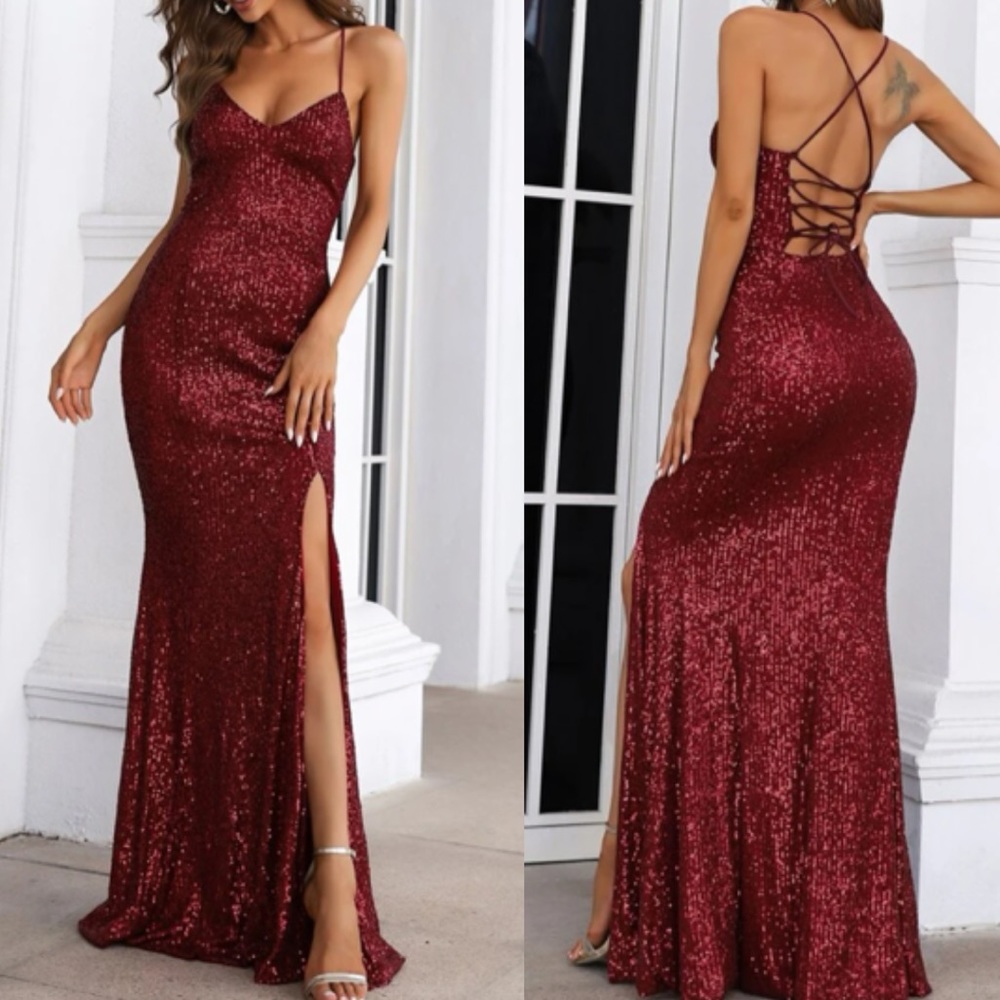 Luxe lace up back zipped party holidays formal evening gown sequins dress